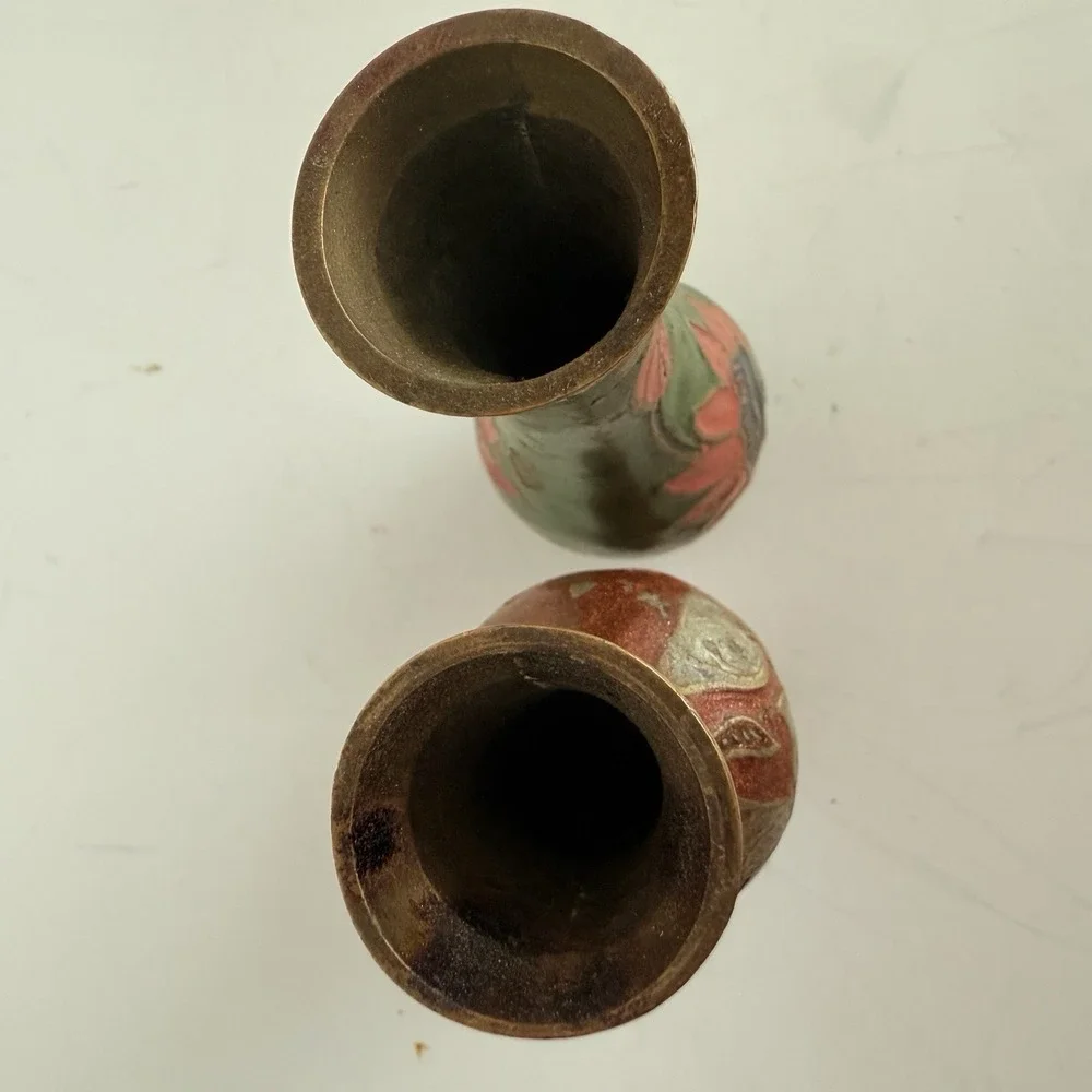 Pair of Vintage Brass Enamel Floral Vases Hand Painted Cloisonné Style 4